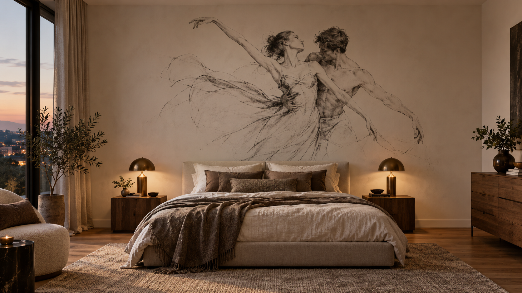 Charcoal dancers mural in a serene bedroom