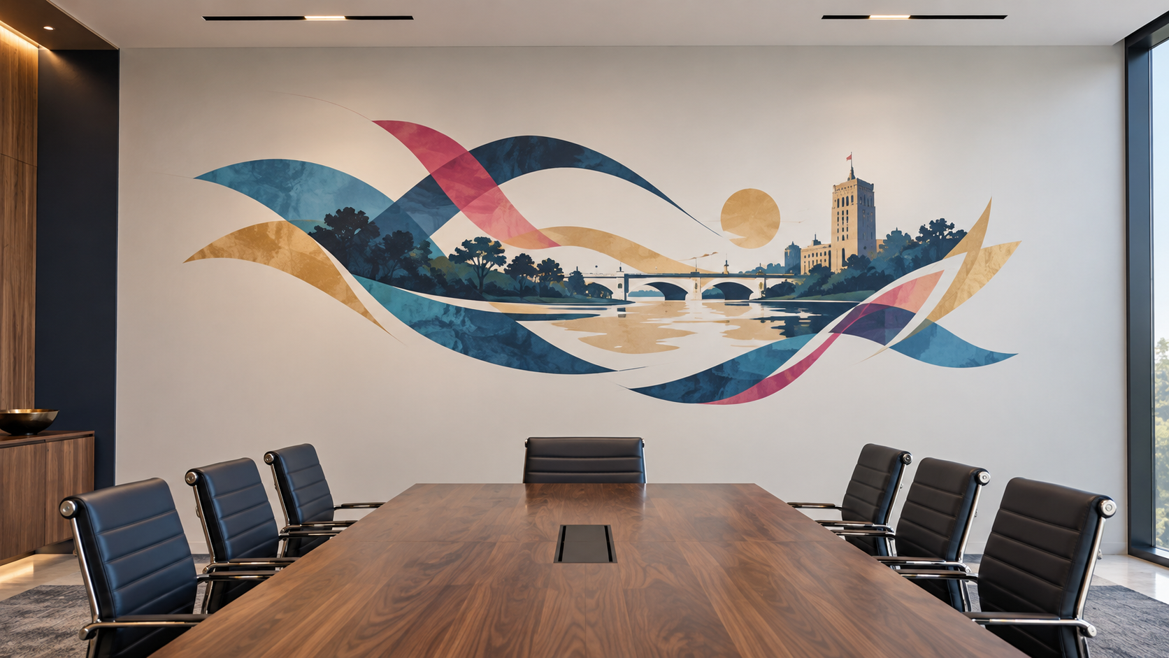Modern boardroom with a bold wall mural
