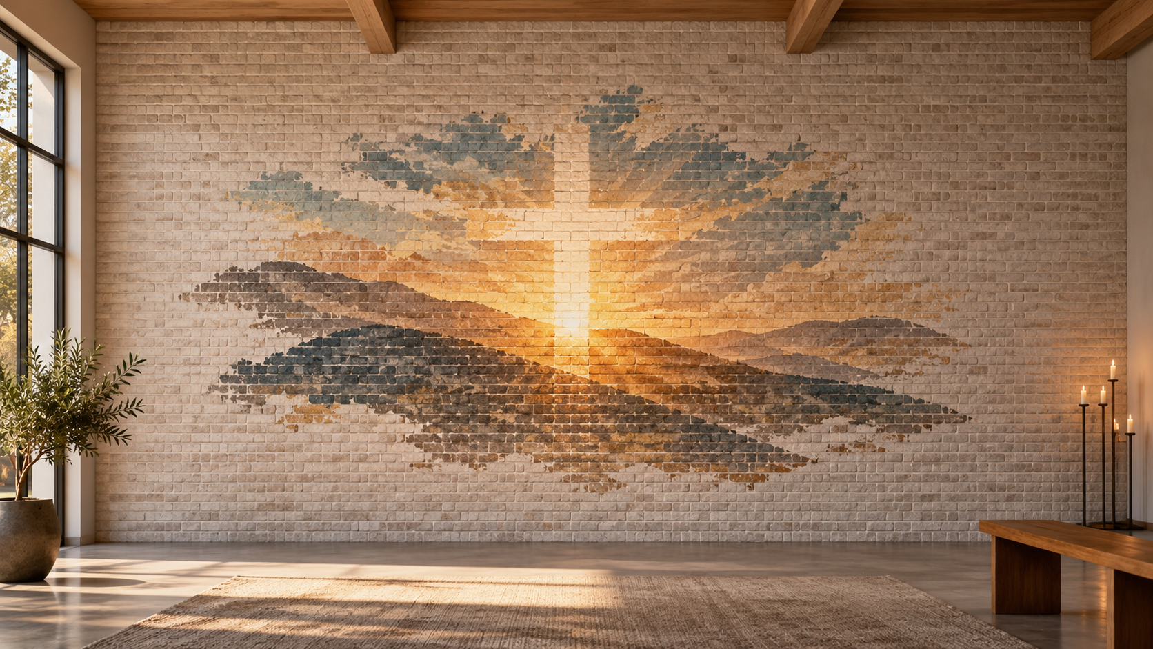Sunrise cross mural printed on brick