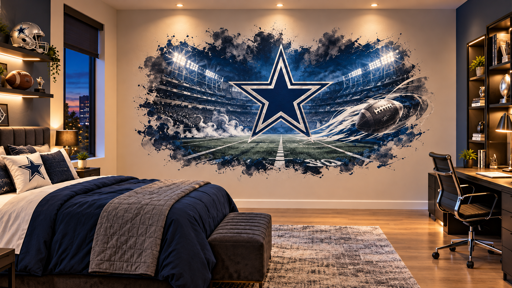 Dallas Cowboys inspired feature-wall mural in a bedroom