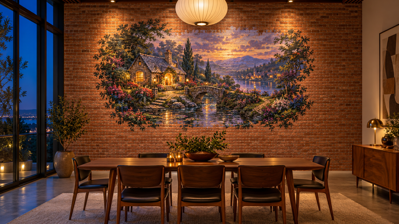 Luminous garden mural in a mid-century dining room