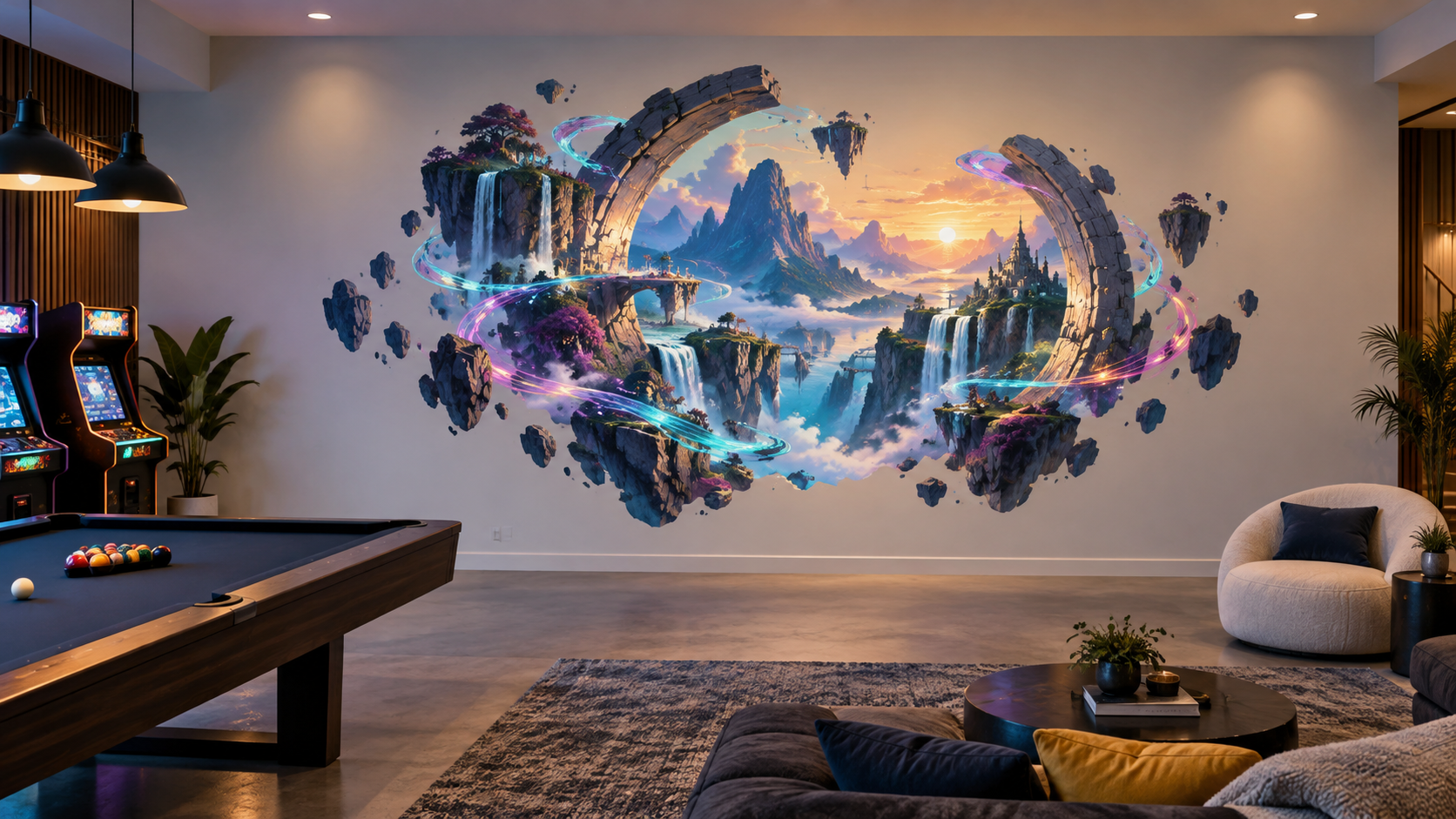Luminous fantasy mural in a game room