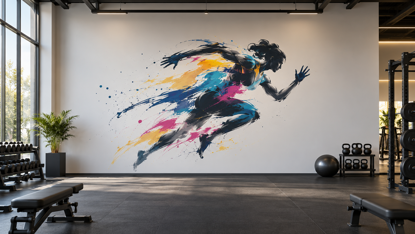 Abstract motion mural in a premium gym