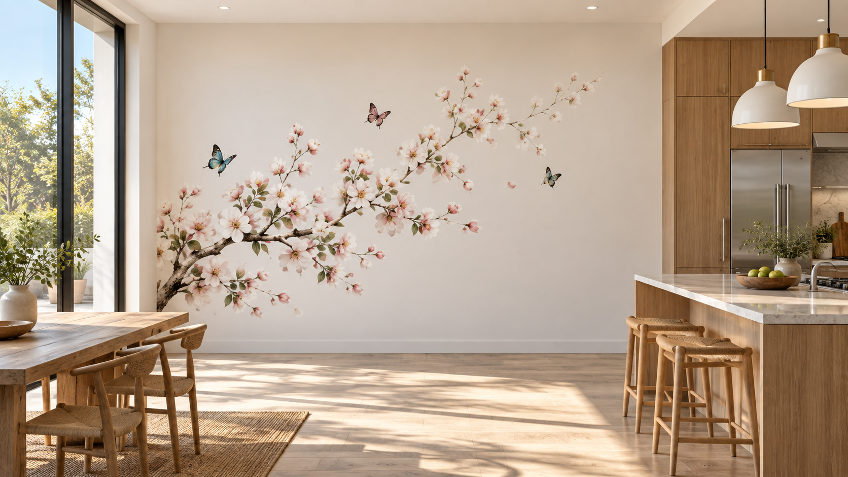 Blossom branch mural in a modern kitchen
