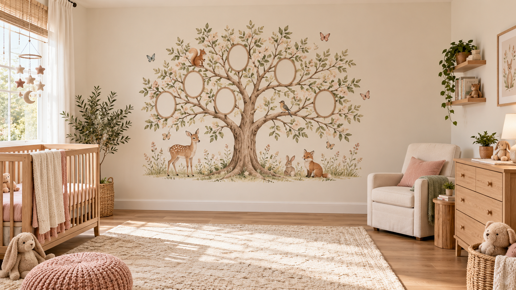 Woodland family-tree mural in a nursery