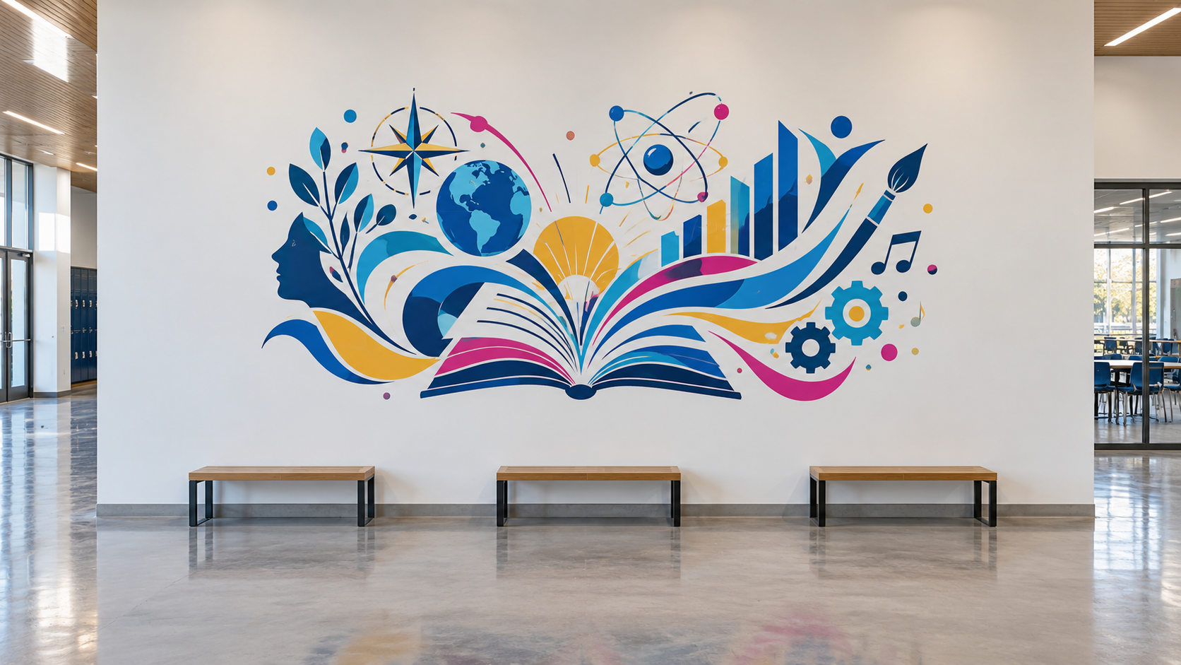 Colorful educational mural in a school commons