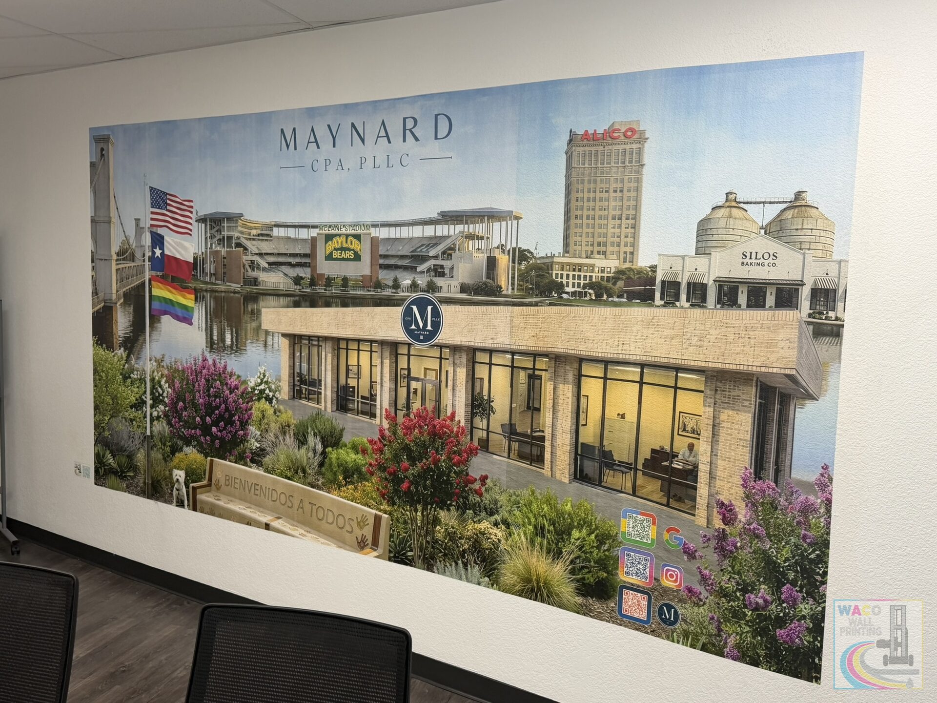 Conference room with mural — wide angle