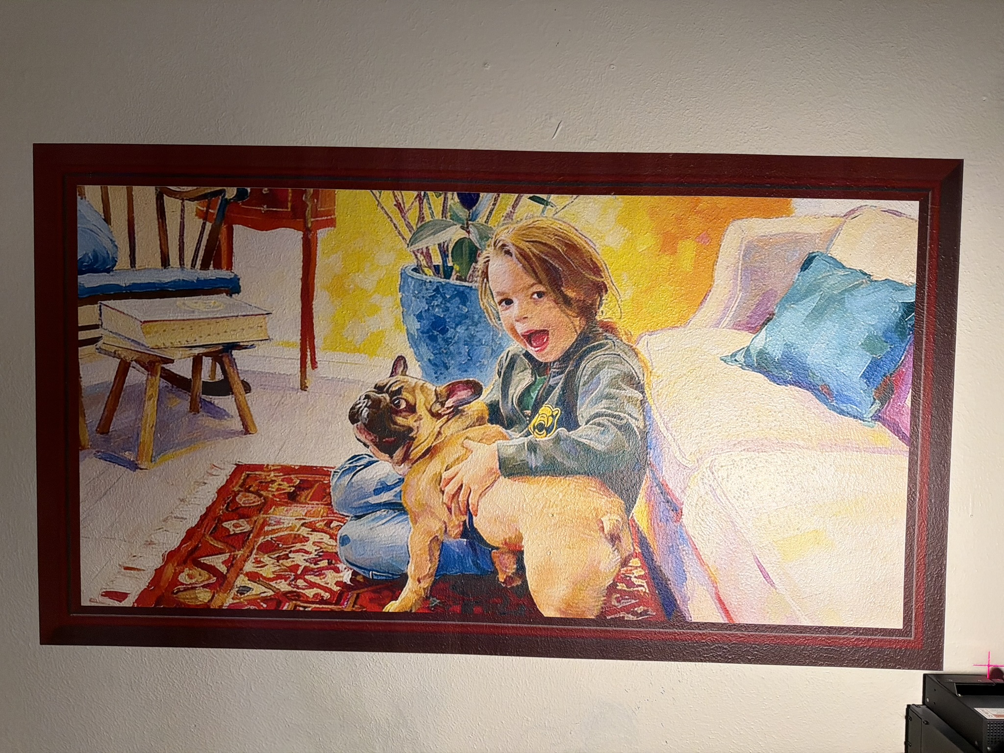 Residential custom wall print — child and French Bulldog watercolor